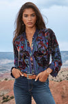 Johnny Was Clara Burnout Leda Button Top Floral Navy Blue Black Velvet Shirt NEW