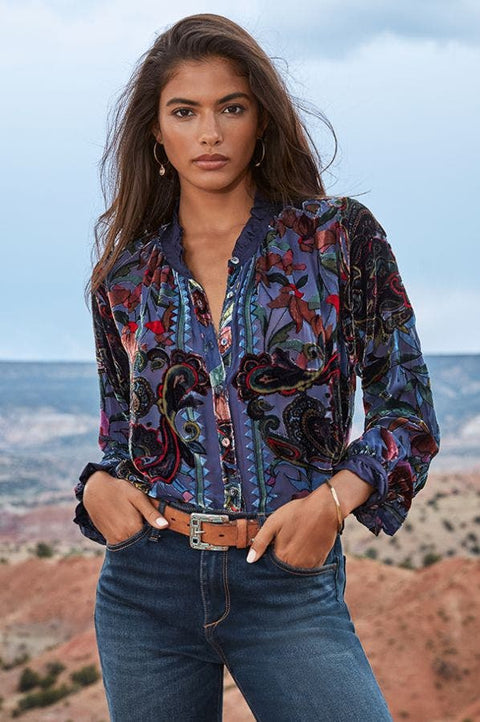 Johnny Was Clara Burnout Leda Button Top Floral Navy Blue Black Velvet Shirt NEW