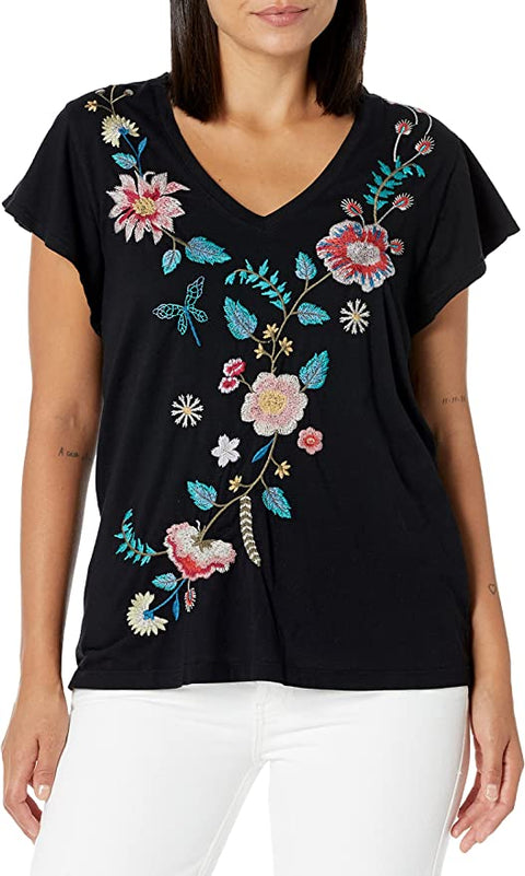 JOHNNY WAS T GRACE FLUTTER SLEEVE TEE BLACK SHIRT EMBROIDERY TOP NEW