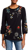 Johnny Was Maris Puff Long Sleeve Embroidery Black Tee Shirt Blouse Flower NEW
