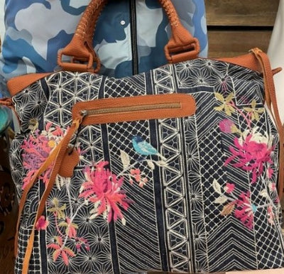 Johnny Was Viviana Denim Weekender Bag Floral Embroidery Handbag Brown Grey NEW