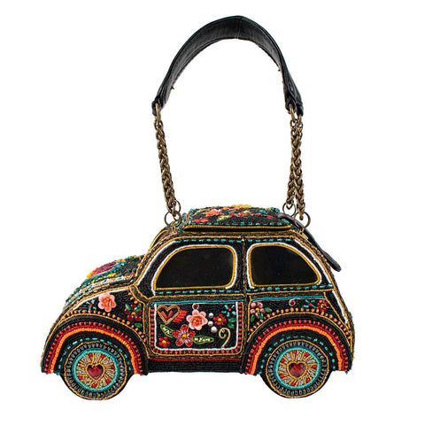 Mary Frances Joyride Car Handle Beaded Handbag Floral Black Leather Bag New