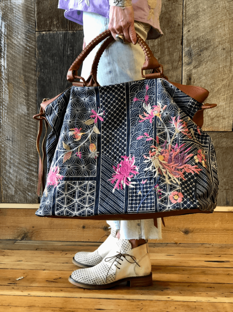 Johnny Was Viviana Denim Weekender Bag Floral Embroidery Handbag Brown Grey NEW