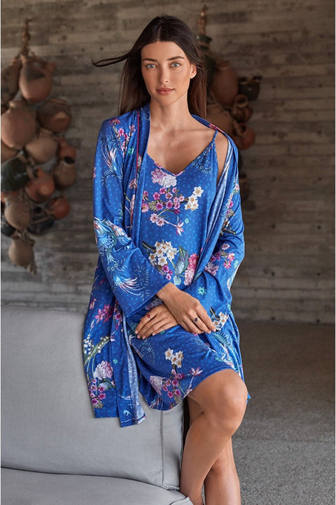 Johnny Was Revive Blue Floral Long Sleeve Sleep Wear Robe Home Lounge Extra Large XL New