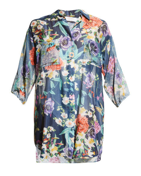Johnny Was Sunrise Blue Flower Swim Resort Cover Up Floral Paria Shirt Dress XXL NEW