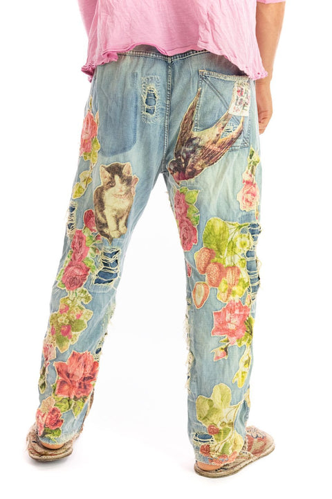 MAGNOLIA PEARL PANTS 371 Cotton Floral Applique Distressing Denims Blue New