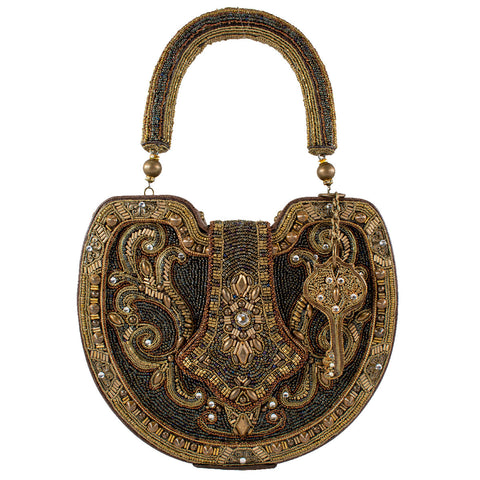 Mary Frances Lock it Up Beaded Top Handle Bag Leather Handbag Brown Gold Purse NEW