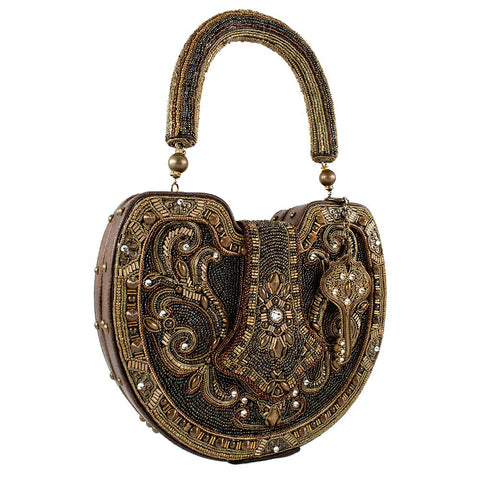Mary Frances Lock it Up Beaded Top Handle Bag Leather Handbag Brown Gold Purse NEW