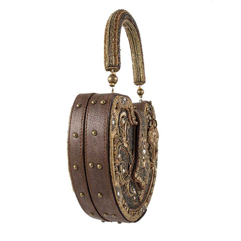 Mary Frances Lock it Up Beaded Top Handle Bag Leather Handbag Brown Gold Purse NEW