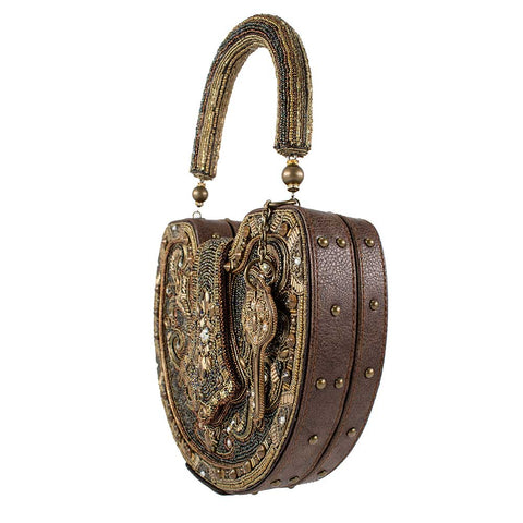 Mary Frances Lock it Up Beaded Top Handle Bag Leather Handbag Brown Gold Purse NEW