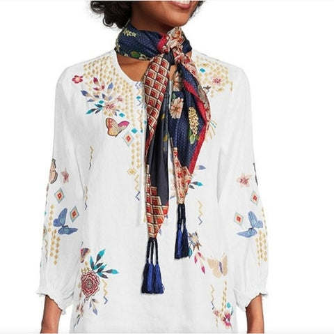 Johnny Was Dragona Silk Scarf Flower Square Large Floral Tassels Blue Scarves NEW