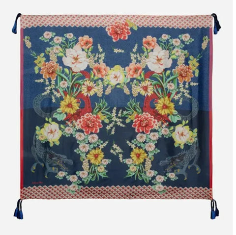 Johnny Was Dragona Silk Scarf Flower Square Large Floral Tassels Blue Scarves NEW