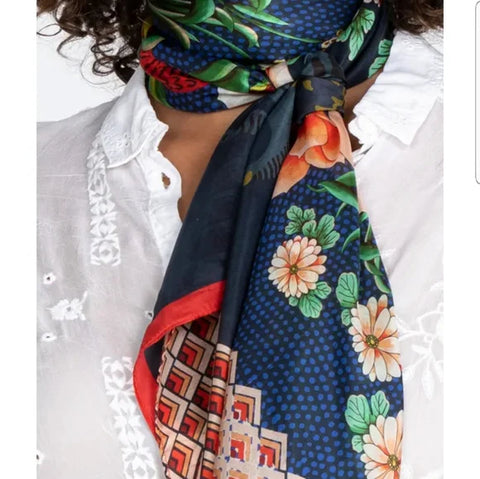 Johnny Was Dragona Silk Scarf Flower Square Large Floral Tassels Blue Scarves NEW