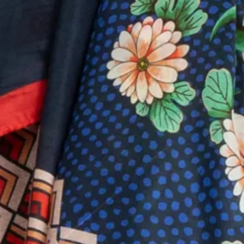 Johnny Was Dragona Silk Scarf Flower Square Large Floral Tassels Blue Scarves NEW