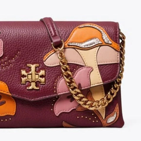 Tory Burch Kira Applique Floral Bag Brown Leather Handbag Burgundy Wine Purse NEW