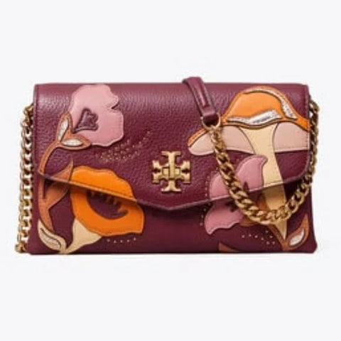 Tory Burch Kira Applique Floral Bag Brown Leather Handbag Burgundy Wine Purse NEW
