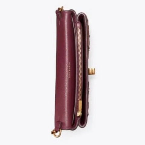 Tory Burch Kira Applique Floral Bag Brown Leather Handbag Burgundy Wine Purse NEW