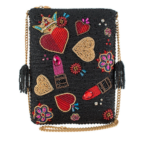 Mary Frances Make Me Up Love Beaded Mini Bag Zipper Handbag Black Red Purse NEW