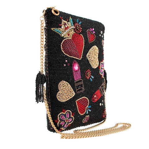 Mary Frances Make Me Up Love Beaded Mini Bag Zipper Handbag Black Red Purse NEW