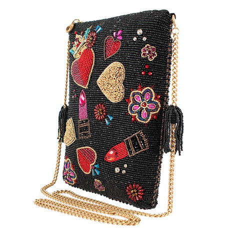 Mary Frances Make Me Up Love Beaded Mini Bag Zipper Handbag Black Red Purse NEW
