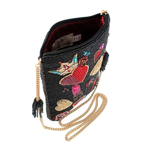 Mary Frances Make Me Up Love Beaded Mini Bag Zipper Handbag Black Red Purse NEW