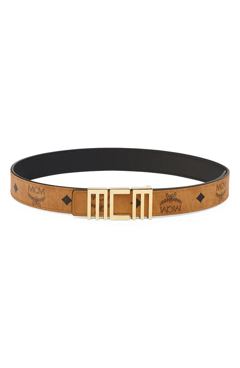 MCM Authentic Reversible Faux Leather Logo Buckle Belt Coganc Brown Black NEW