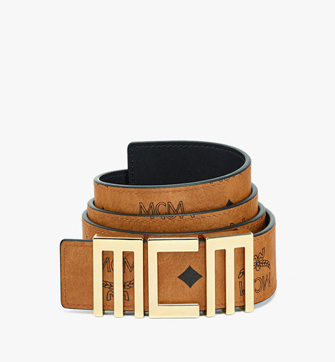 MCM Authentic Reversible Faux Leather Logo Buckle Belt Coganc Brown Black NEW