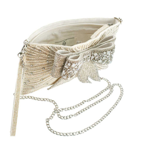 Mary Frances Cherish, Embellished 3-D Bow Crossbody Bridal Clutch White Bride Bag Handbag New
