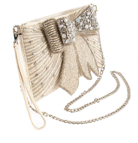 Mary Frances Cherish, Embellished 3-D Bow Crossbody Bridal Clutch White Bride Bag Handbag New