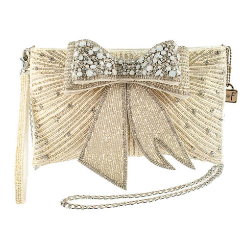 Mary Frances Cherish, Embellished 3-D Bow Crossbody Bridal Clutch White Bride Bag Handbag New