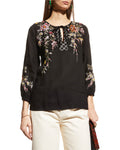 Johnny Was Acacia Split Neck Linen Top Shirt Blouse Black Embroidered New