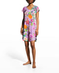 Johnny Was Goza Floral Print Cap Sleeve Dress Pink Flower XL Extra Large New