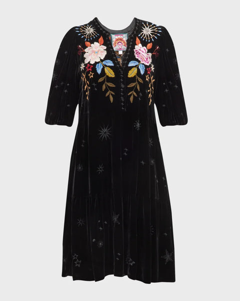 Johnny Was Celestine Velvet Puff Sleeve Floral Black Dress Flowers Embroidery NEW