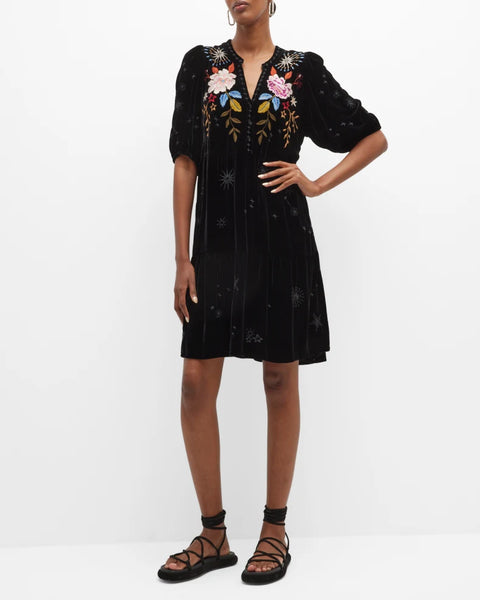Johnny Was Celestine Velvet Puff Sleeve Floral Black Dress Flowers Embroidery NEW