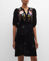 Johnny Was Celestine Velvet Puff Sleeve Floral Black Dress Flowers Embroidery NEW