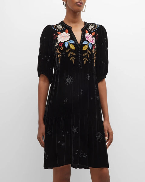 Johnny Was Celestine Velvet Puff Sleeve Floral Black Dress Flowers Embroidery NEW