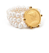 French Kande Triple Strand White Pearl 24k Gold Ministry Medallion Bracelet NEW