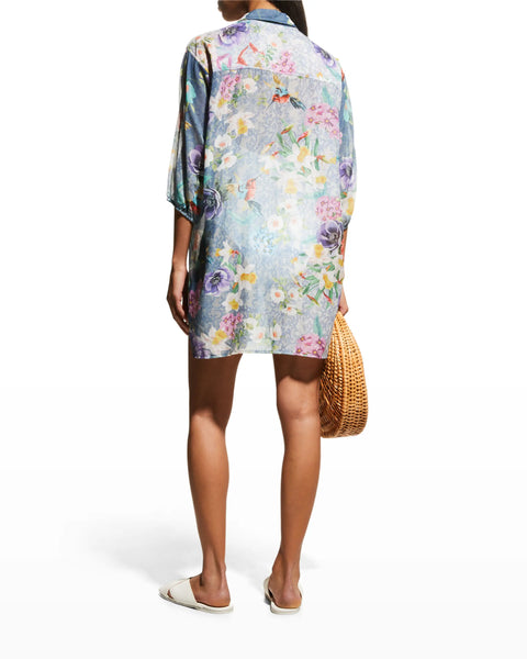 Johnny Was Sunrise Blue Flower Swim Resort Cover Up Floral Paria Shirt Dress Top NEW
