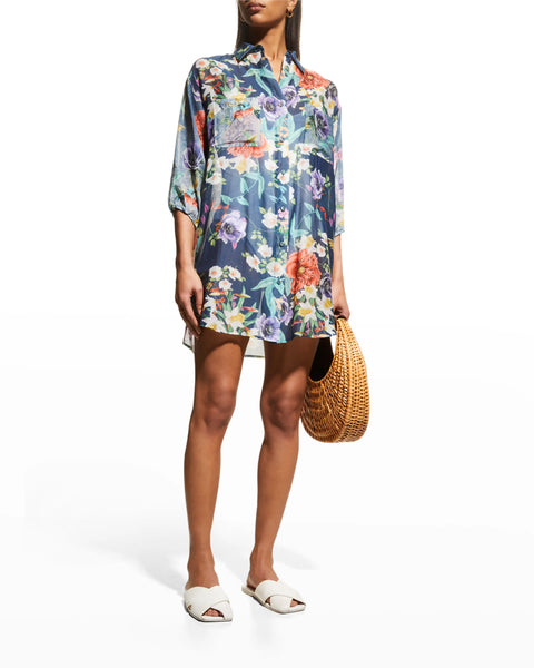 Johnny Was Sunrise Blue Flower Swim Resort Cover Up Floral Paria Shirt Dress XXL NEW