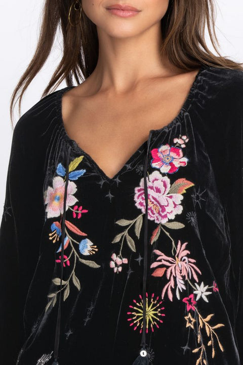 Johnny Was Floral Celestine Velvet Bishop Blouse Black Shirt Long Sleeve Top NEW