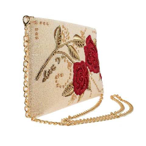 Mary Frances Roses Are Red Crossbody Clutch Handbag Embroidery Beige Bag New