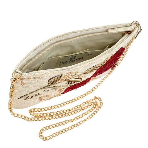 Mary Frances Roses Are Red Crossbody Clutch Handbag Embroidery Beige Bag New