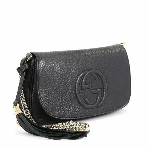 Gucci Soho Interlocking GG Black Leather Gold Chain Flap Shoulder Bag Purse New