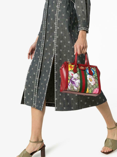 Gucci Ophidia Red Floral Small Tote Leather Canvas Flower Handbag Bag Italy NEW