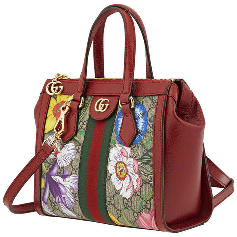 Gucci Ophidia Red Floral Small Tote Leather Canvas Flower Handbag Bag Italy NEW