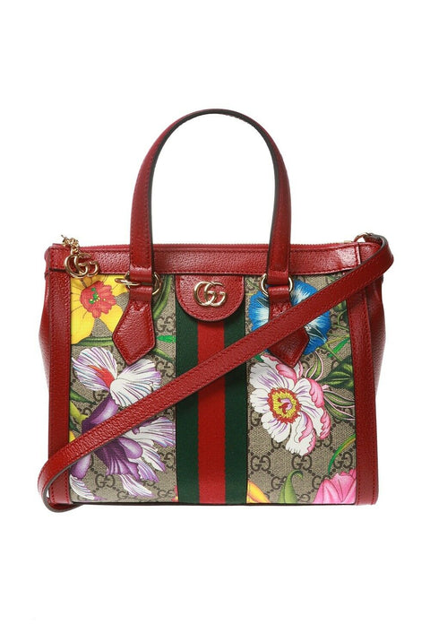 Gucci Ophidia Red Floral Small Tote Leather Canvas Flower Handbag Bag Italy NEW