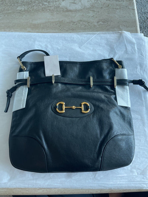 Gucci Calfskin Horsebit 1955 Messenger Leather Black Shoulder Bag Handbag Italy NEW