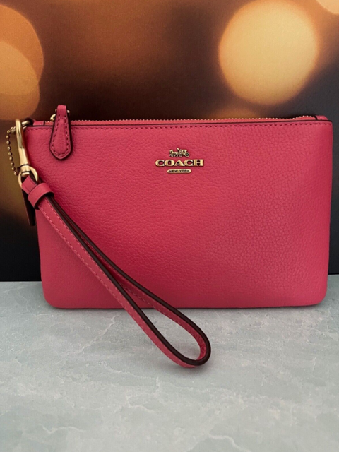 Coach Wristlet Small Wallet Pebbled Leather Zip Handbag Watermelon Pink Bag NEW