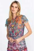 Johnny Was GIANA MESH BLOUSE Shirt Floral Purple Top Embroidery Small NEW