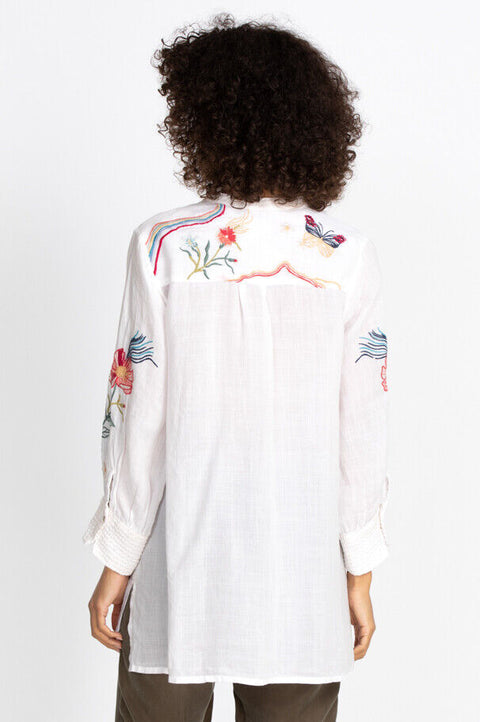 Johnny Was Jordan Voyager Tunic Shirt Floral White Flower Embroidery Top NEW